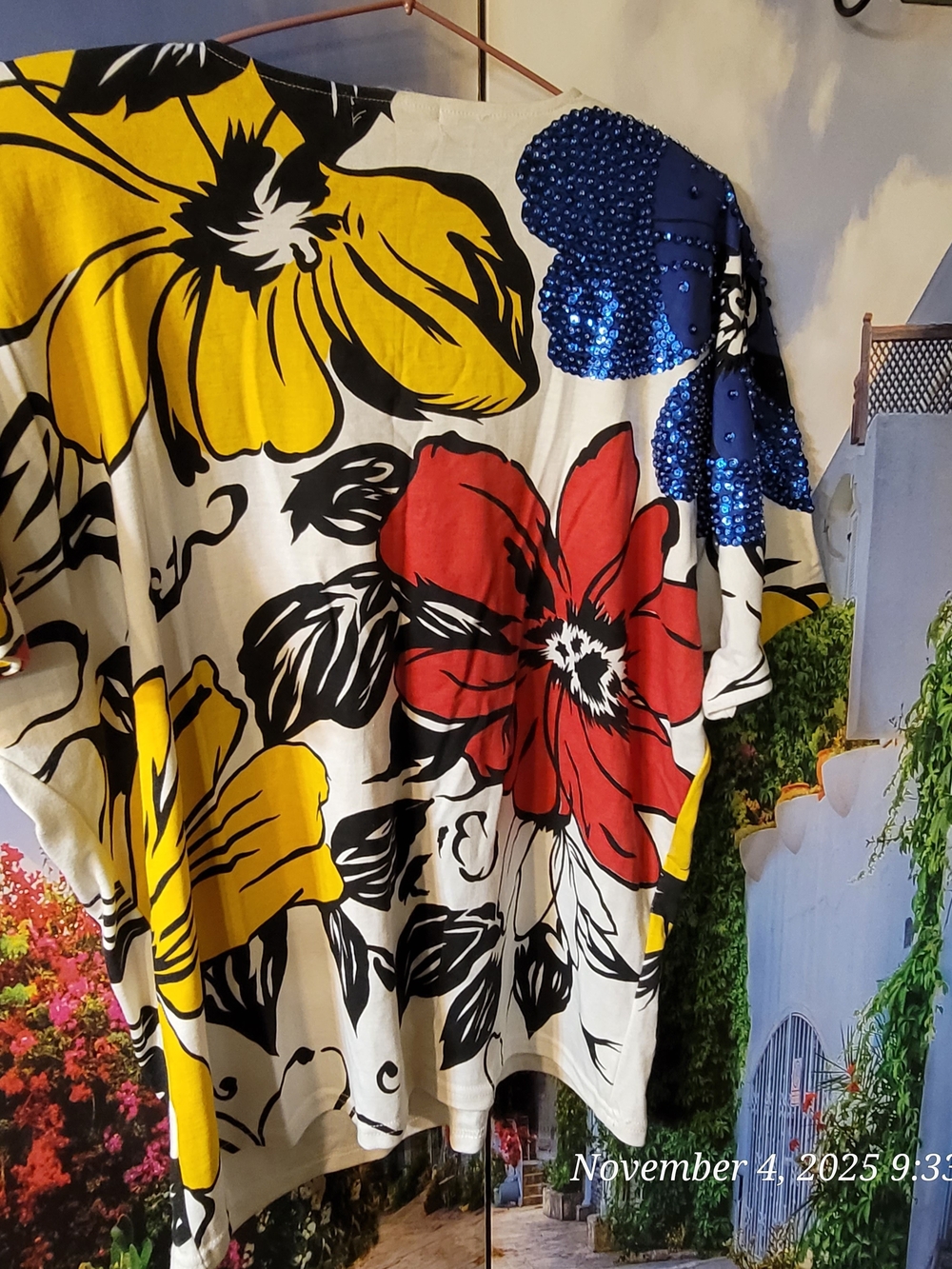 E.M.T. Floral Sequin Shoulder Women's Top - Red, Yellow, Blue
